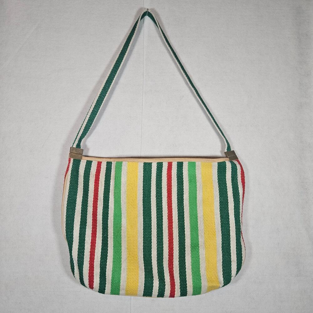 Vintage 1970s Multicolor Stripe Canvas Tote Bag Blue Plastic Lining Retro Boho